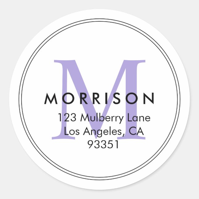 Elegant Lavender Monogram Return Address Classic Round Sticker (Front)