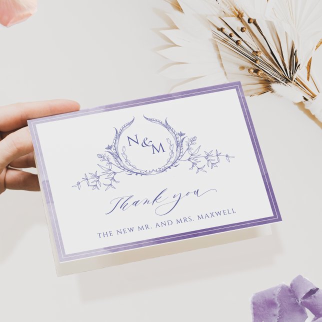 Elegant Lavender Monogram, Watercolor Wedding Thank You Card (Creator Uploaded)