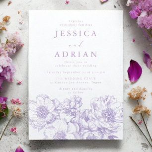 Elegant Lavender Peony Line Art Wedding Invitation