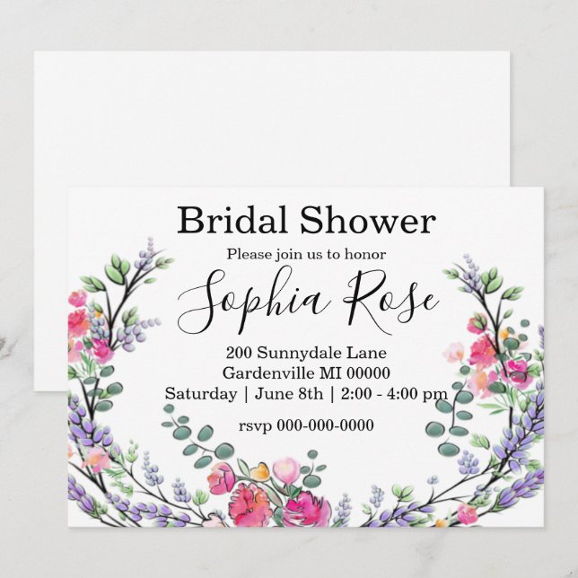 Elegant  Lavender Pink Rose Bridal shower Invitation (Front/Back)