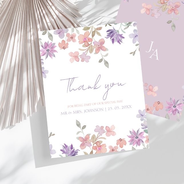 Elegant Lavender Pink Whimsical Wildflower Wedding Thank You Card (Elegant Lavender Pink Whimsical Wildflower Wedding Thank You Card)