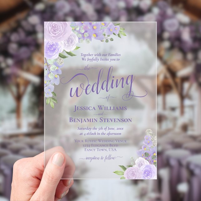 Elegant Lavender Purple Boho Roses Fancy Wedding Acrylic Invitations (Frosted Acrylic with Rectangle Cut)