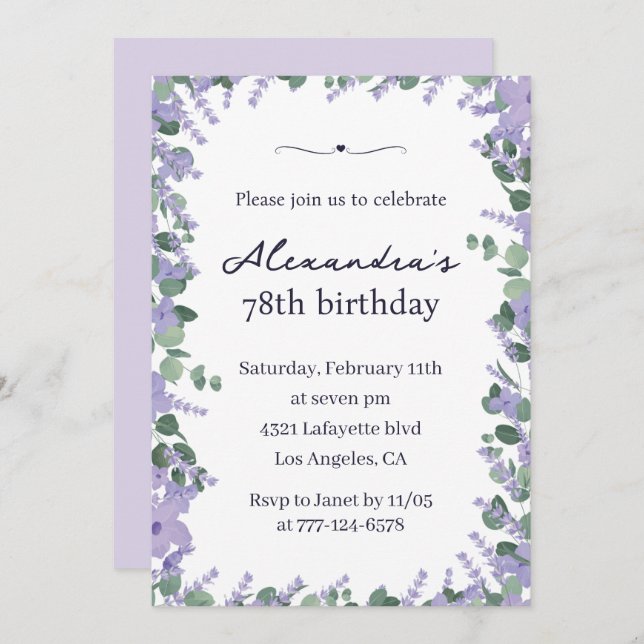 Elegant Lavender Purple Floral Frame 78th birthday Invitation (Front/Back)