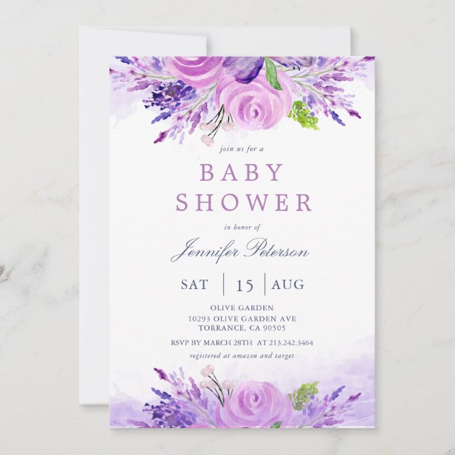 Elegant Lavender Purple Flowers Baby Shower Invitation (Front)