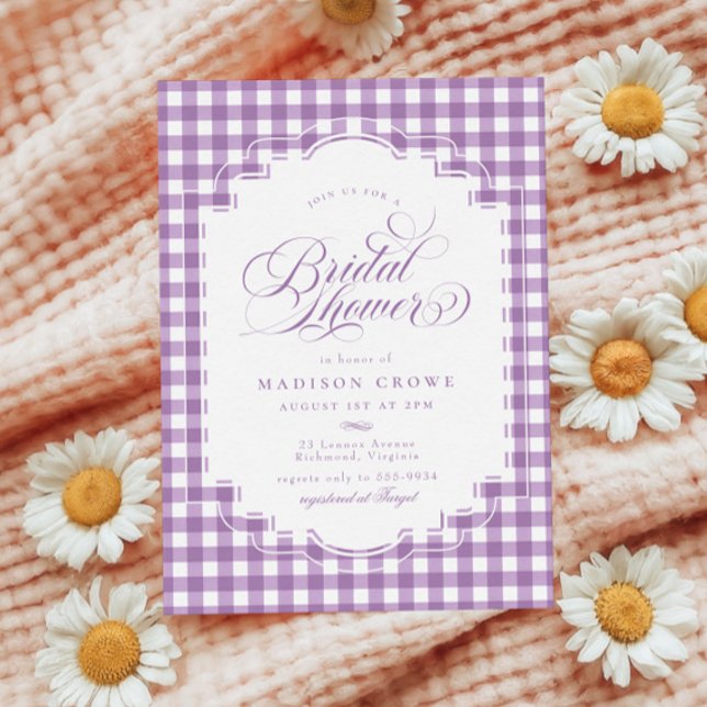 Elegant Lavender Purple Gingham Bridal Shower Invitation (Creator Uploaded)