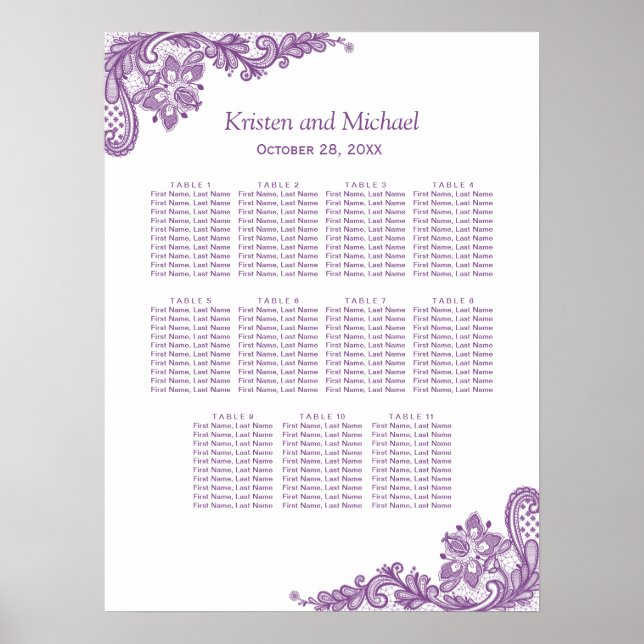 Elegant Lavender Purple Lace Wedding Seating Chart (Front)