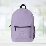 Elegant Lavender Purple Personalised Printed Backpack<br><div class="desc">Minimal and elegant lavender purple backpack. Personalise with your monogram initials and name in a mix of a chic dark purple script and simple modern white typography.</div>