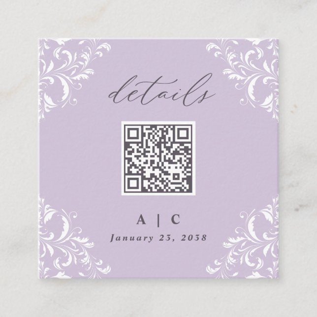 Elegant Lavender Purple QR Code Wedding Details Enclosure Card (Front)