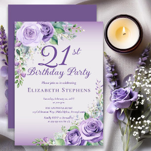 Elegant Lavender Purple Rose Floral 21st Birthday Invitation