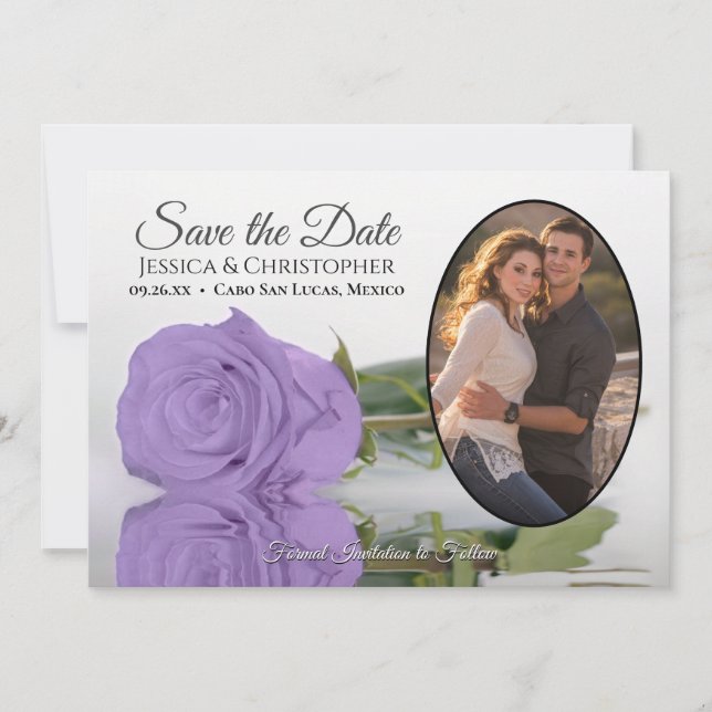 Elegant Lavender Purple Rose Oval Photo Wedding Save The Date (Front)