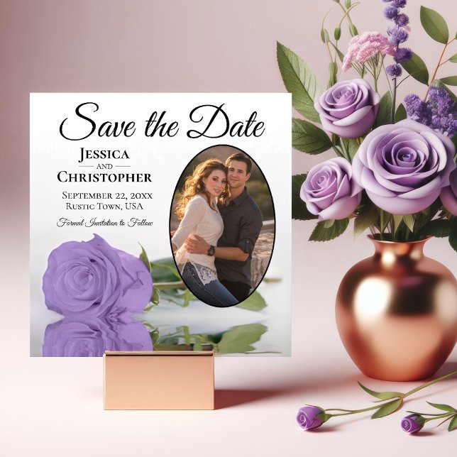 Elegant Lavender Purple Rose & Oval Photo Wedding Save The Date (Creator Uploaded)