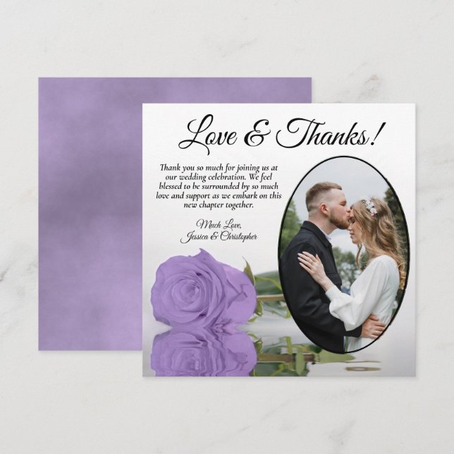Elegant Lavender Purple Rose Oval Photo Wedding Thank You Card (Front/Back)