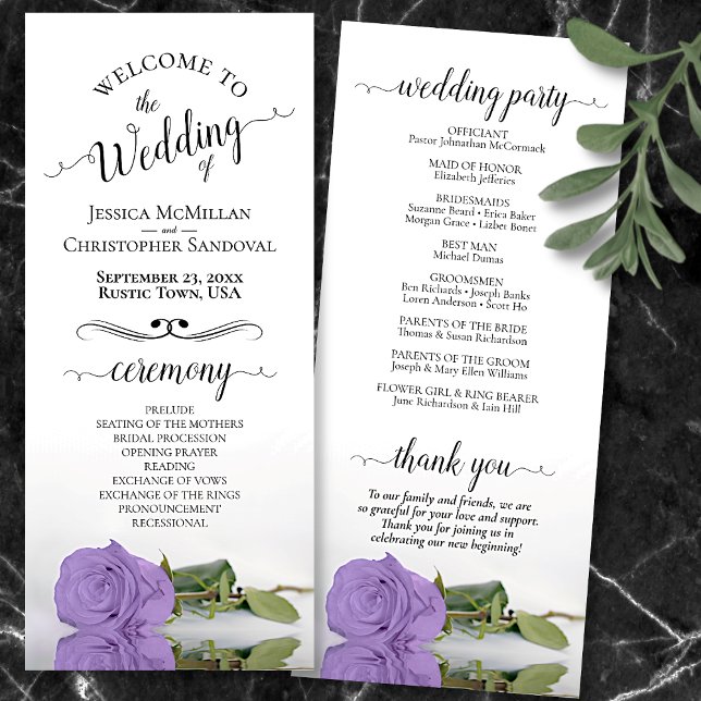 Elegant Lavender Purple Rose Romantic Wedding Programme (Front and Back)