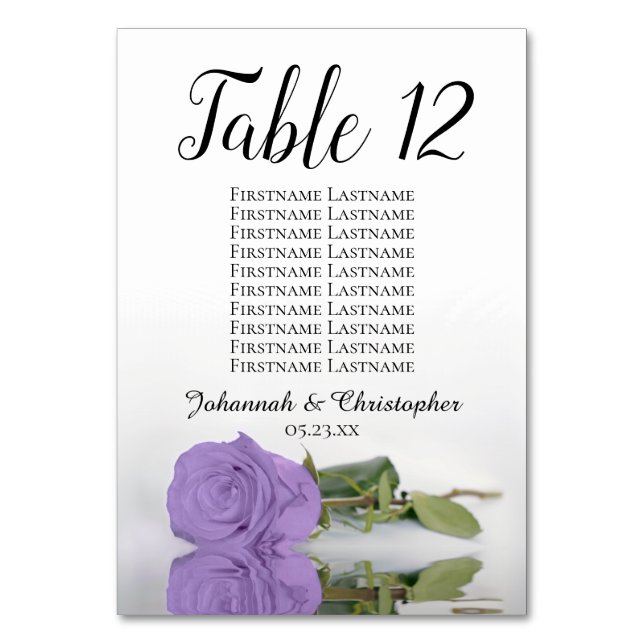 Elegant Lavender Purple Rose Seating Chart Wedding Table Number (Front)