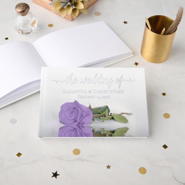 Elegant Lavender Purple Rose Small Wedding Foil Guest Book (Front Open)