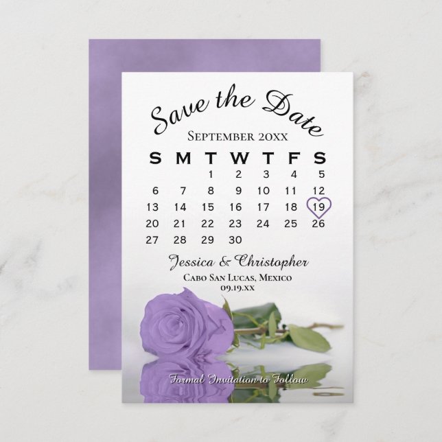 Elegant Lavender Purple Rose Wedding Calendar Save The Date (Front/Back)