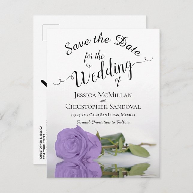 Elegant Lavender Purple Rose Wedding Save the Date Announcement Postcard (Front/Back)