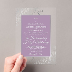 Elegant Lavender Purple & Silver Catholic Wedding Acrylic Invitations