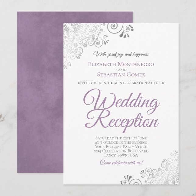 Elegant Lavender Purple & Silver Wedding Reception Invitation (Front/Back)