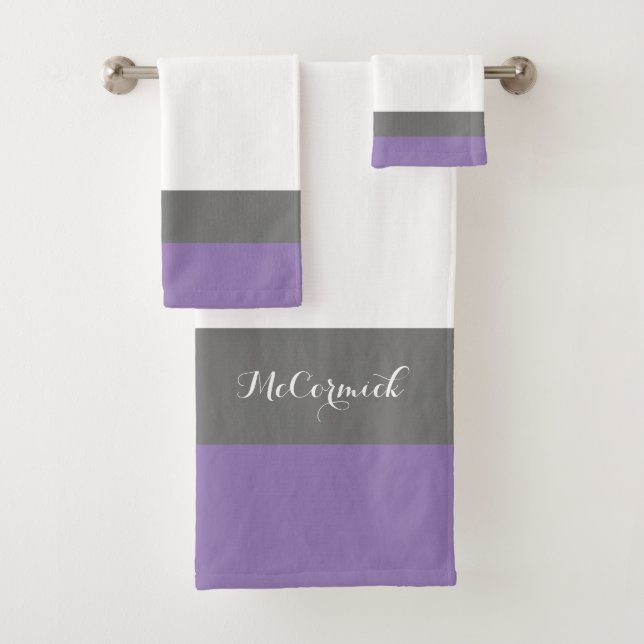Elegant Lavender Purple Stripes Script Monogram Bath Towel Set (Insitu)