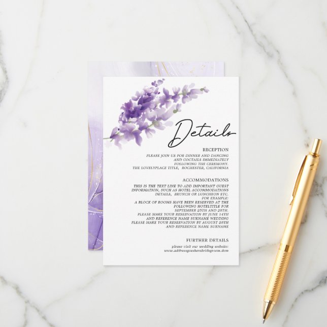 Elegant Lavender Purple Watercolor Wedding Details Enclosure Card (Front/Back In Situ)