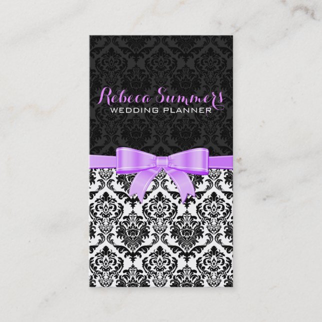 Elegant Lavender Ribbon Black & White Damasks 2 Business Card (Front)