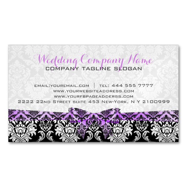 Elegant Lavender Ribbon Black & White Damasks 2 Magnetic Business Card (Front)