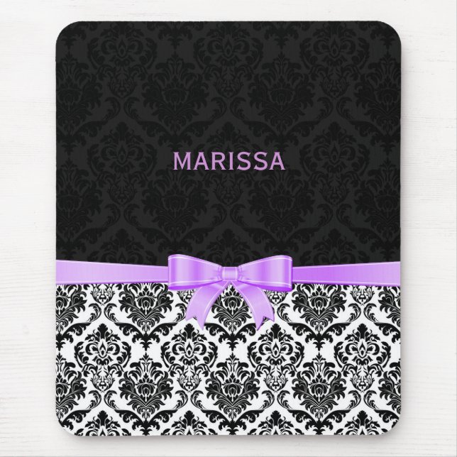 Elegant Lavender Ribbon Black & White Damasks 2 Mouse Mat (Front)
