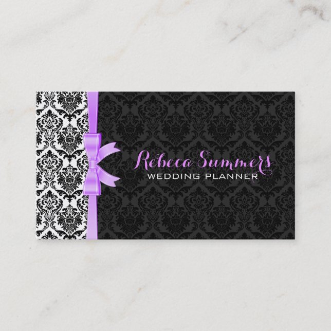 Elegant Lavender Ribbon Black & White Damasks 2a Business Card (Front)