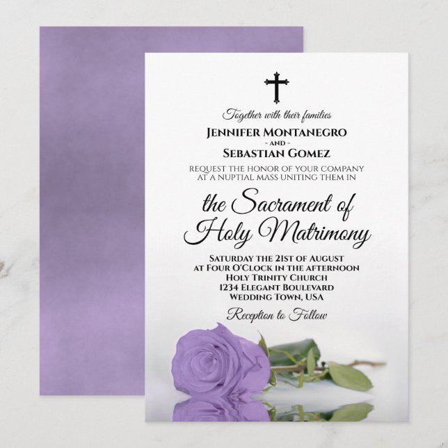 Elegant Lavender Rose Modern Catholic Wedding Invitation (Front/Back)