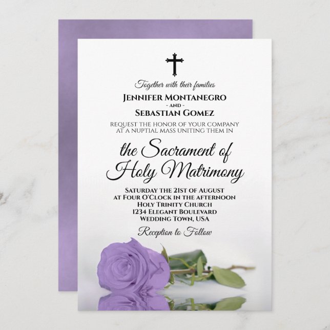 Elegant Lavender Rose Modern Catholic Wedding Invitation (Front/Back)