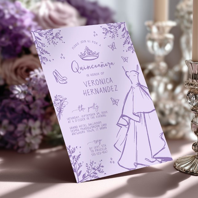 Elegant Lavender Scribble Quinceanera Invitation (Shown on a 5" x 7" invitation)