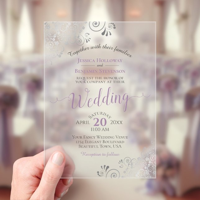 Elegant Lavender & Silver Calligraphy Wedding Acrylic Invitations (Frosted Acrylic with Rectangle Cut)