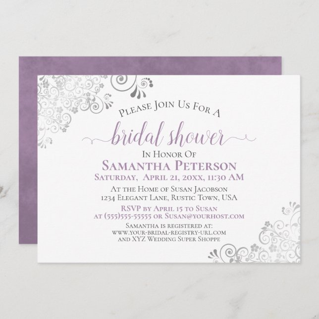 Elegant Lavender & Silver Lace White Bridal Shower Invitation (Front/Back)