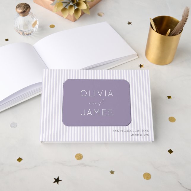 Elegant Lavender Striped Rectangle Guest Book (Front Open)