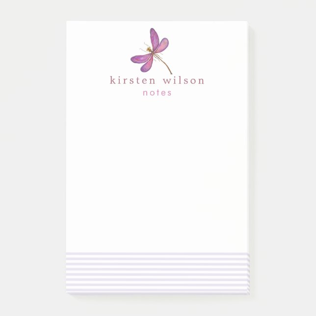 Elegant Lavender Stripes & Dragonfly Personalised Post-it Notes (Front)