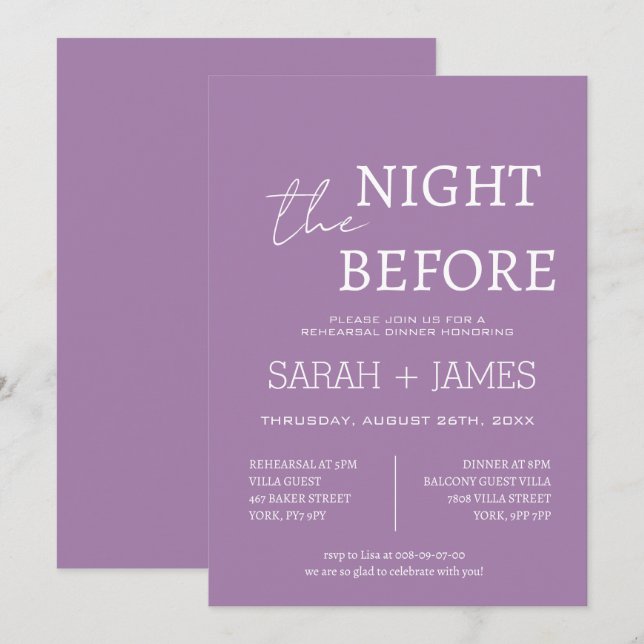 Elegant Lavender the Night Before Dinner Wedding Invitation (Front/Back)