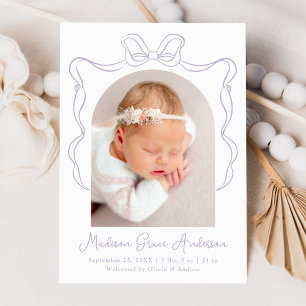 Elegant Lavender Vintage Bow Photo Birth Announcement