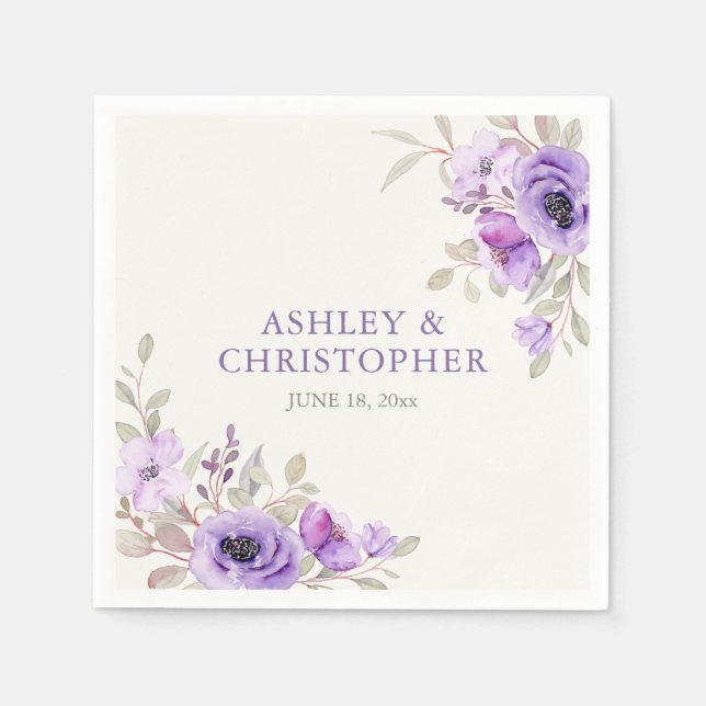 Elegant Lavender Watercolor Floral Bouquet Wedding Napkin (Front)