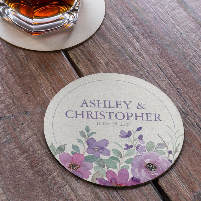 Elegant Lavender Watercolor Floral Wedding Round Paper Coaster (Creator Uploaded)