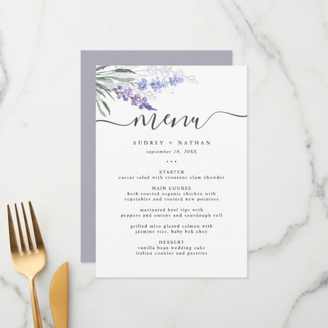 Elegant Lavender Watercolor Wedding Menu (Front/Back In Situ)