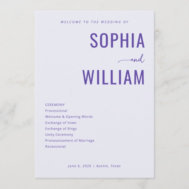 Elegant Lavender Wedding Ceremony Programme (Front)