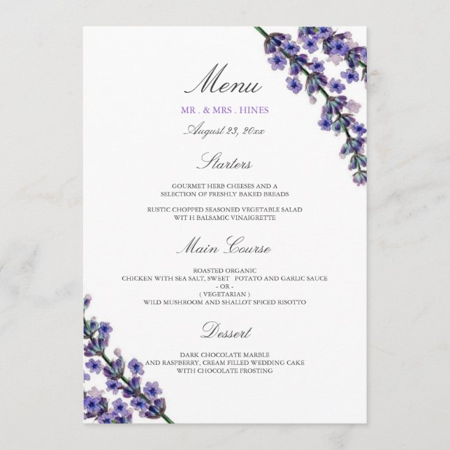 Elegant Lavender Wedding Dinner Menu (Front)