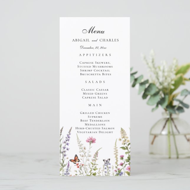 Elegant Lavender & Wildflower Bloom Menu (Standing Front)