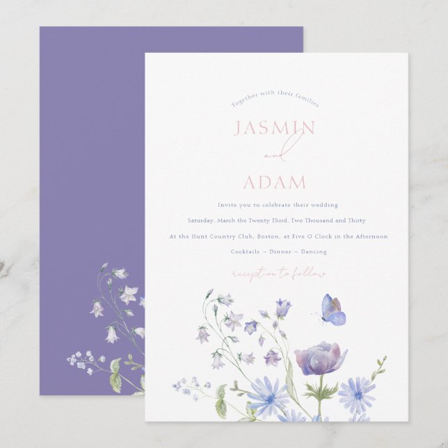 Elegant Lavender Wildflowers Butterflies Wedding Invitation (Front/Back)