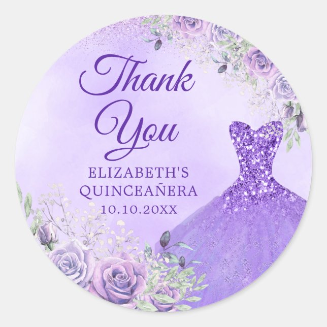 Elegant Lavender Winter Snowflake Quinceañera Classic Round Sticker (Front)