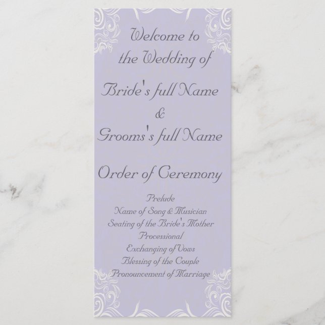 Elegant Lavender with White Swirls Wedding Programme (Front)