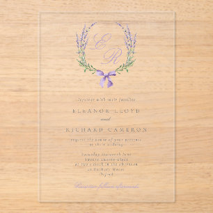 Elegant Lavender Wreath & Bow Monogram Wedding Acrylic Invitations