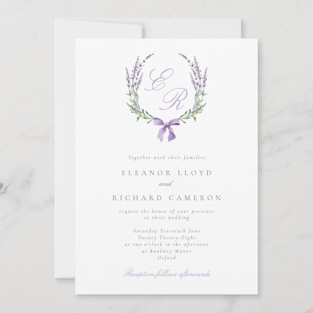 Elegant Lavender Wreath & Bow Monogram Wedding Invitation (Front)