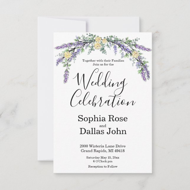 Elegant Lavender Yellow Rose Eucalyptus wedding Invitation (Front)